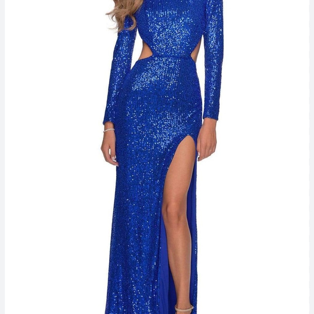 La Femme Royal Blue Sequin Long Sleeve Dress
